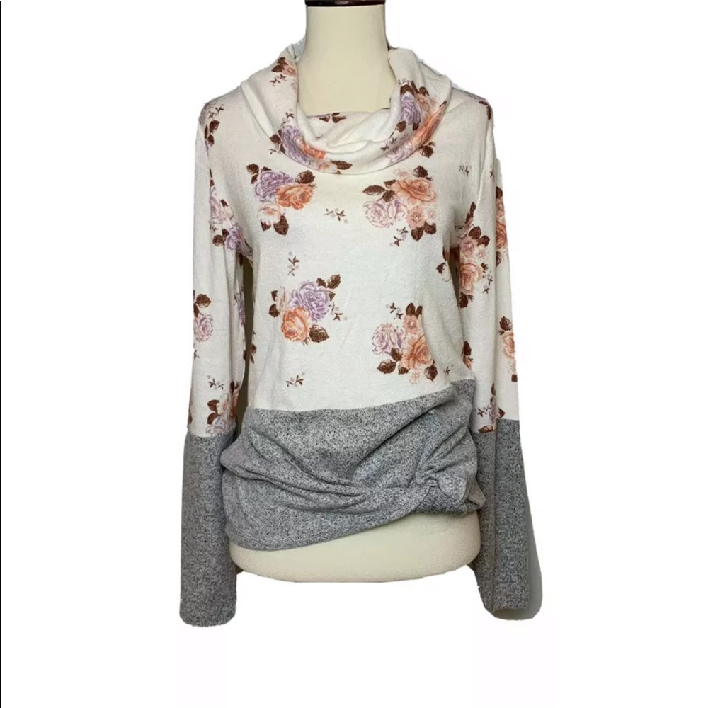 MAURICES Ultra Soft Cowl Neck Sweater Floral Gray Color Block Twist Hem Size M